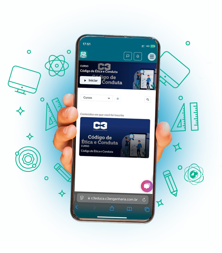 Mão mostrando a tela de um celular com a imagem da plataforma da C3 Educa